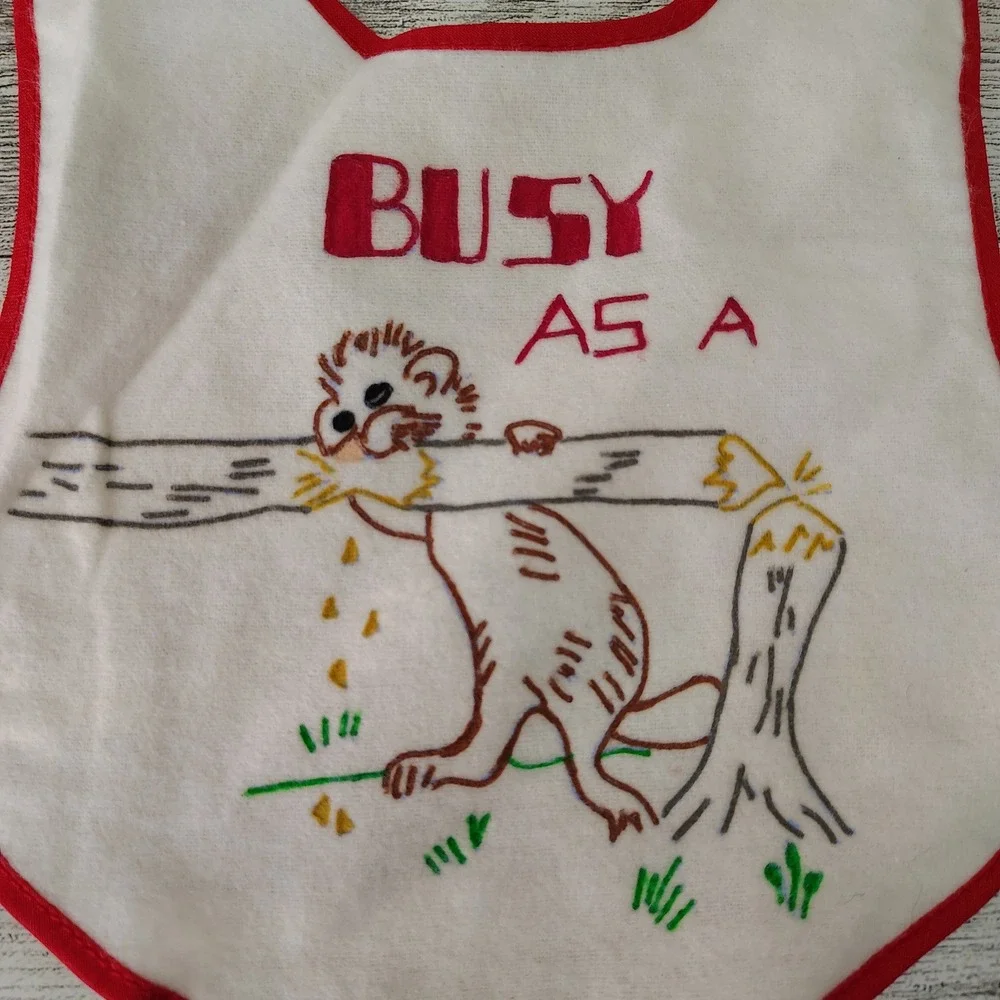Vintage Baby Bibs Set of‎ 4 Animal Designs Red Trim Funny Cute Mouse Kitten Bear